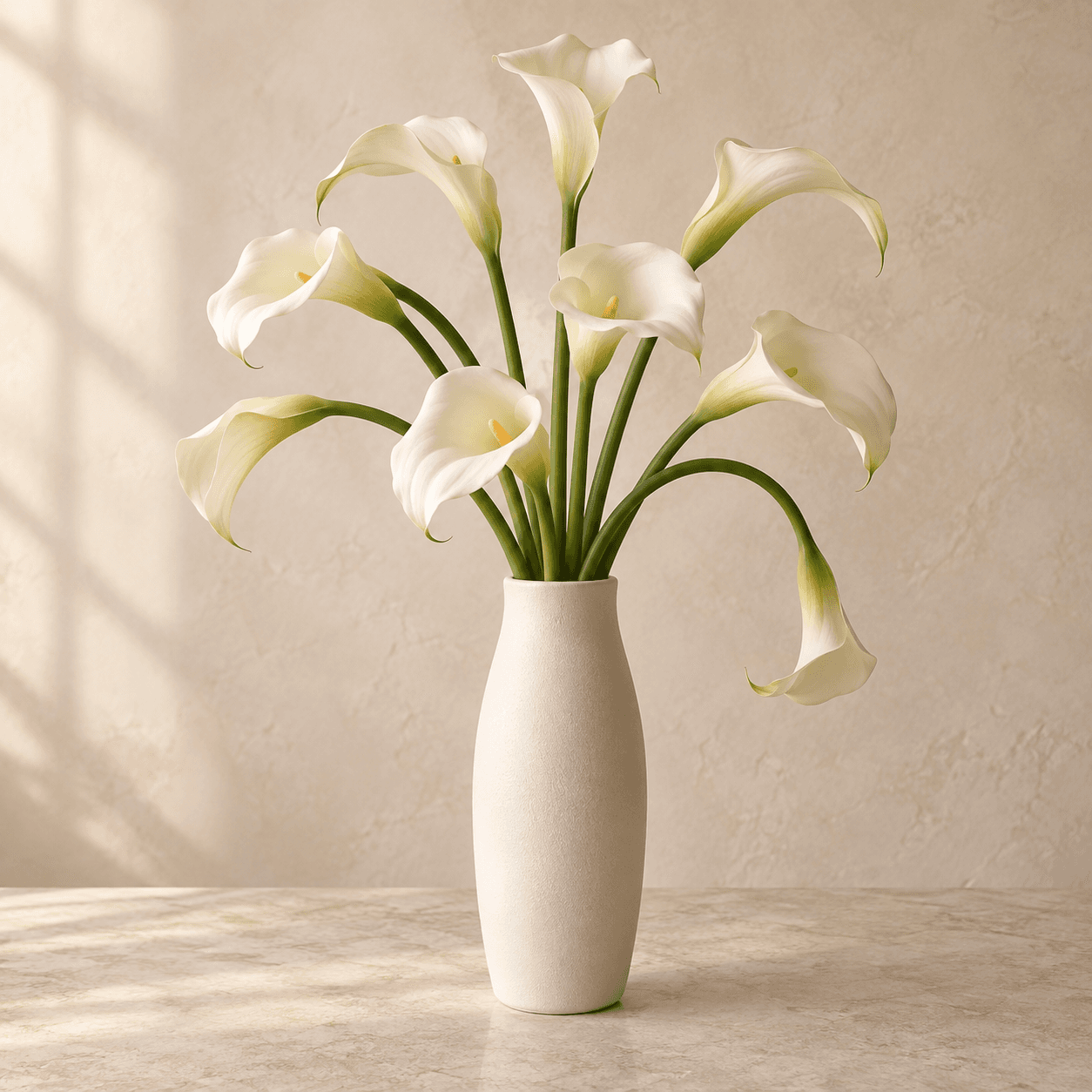 Temporary collection image of ivory calla lilies in a ceramic vase