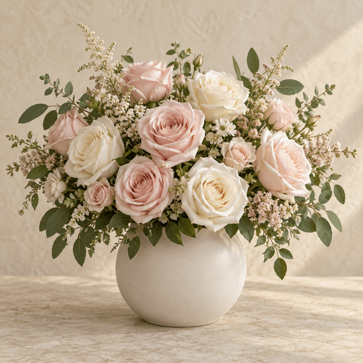 Temporary collection image of blush and ivory roses in a ceramic vase