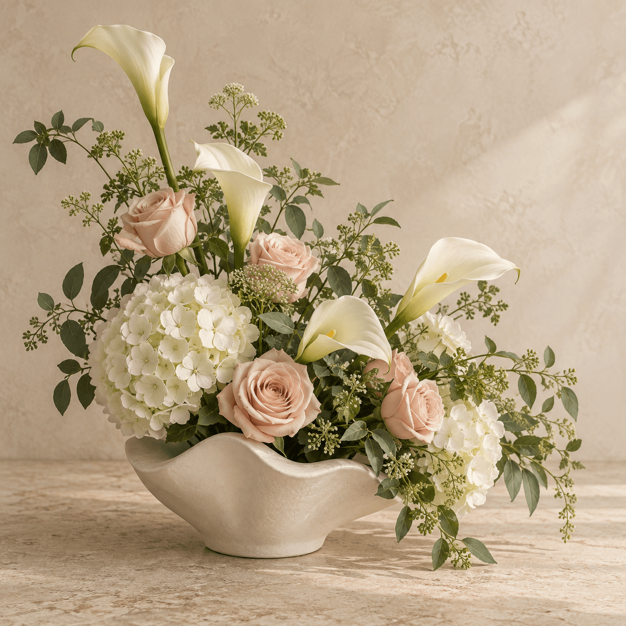 Temporary collection image of a mixed floral arrangement in a sculptural vessel