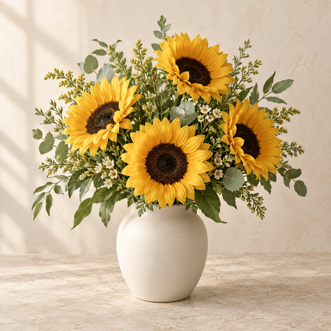Temporary collection image of golden sunflowers in a ceramic vase