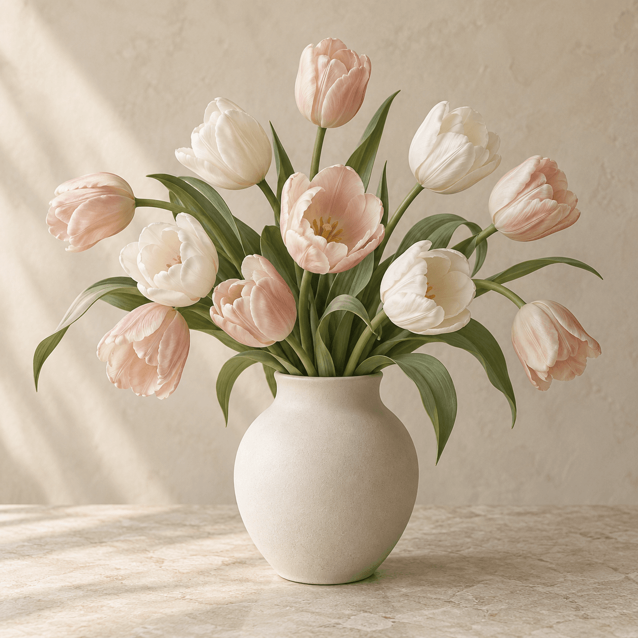 Temporary collection image of blush and ivory tulips in a ceramic vase